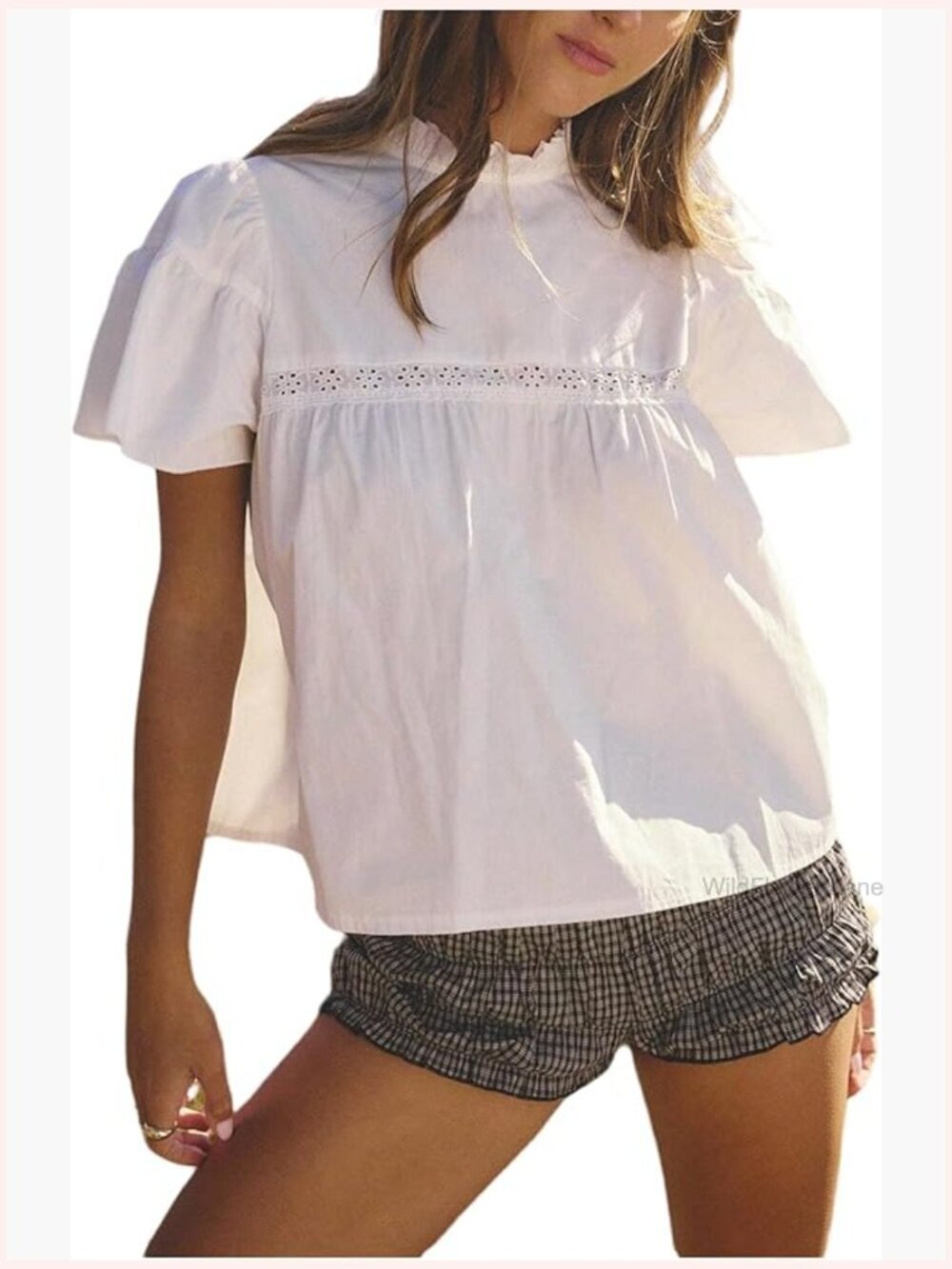 Puff Sleeve Babydoll Blouse Mock Neck Frill Top Cute Flowy